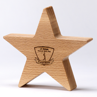 13CM x 13CM x 3,5CM BEECH WOOD 5 POINTED STAR AWARD 