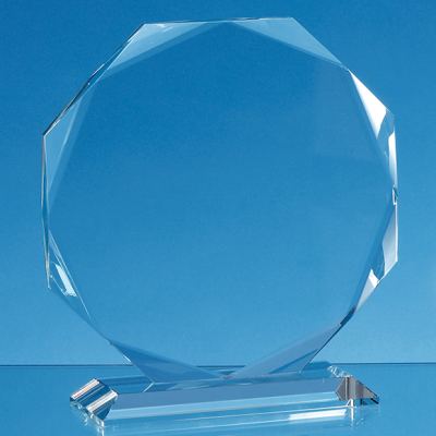 14,5CM x 14,5CM x 15MM CLEAR TRANSPARENT GLASS FACETTED OCTAGON AWARD