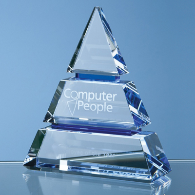 15CM CLEAR TRANSPARENT OPTICAL CRYSTAL LUXOR AWARD with 2 Cobalt Blue Lines