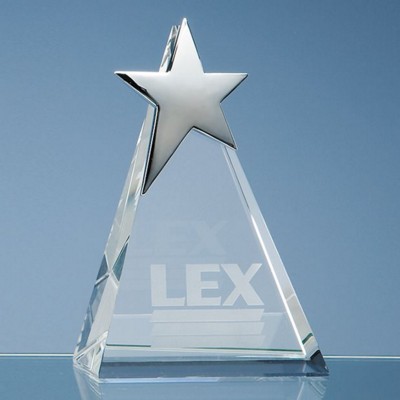 15CM OPTICAL CRYSTAL TRIANGULAR AWARD WITH SILVER STAR