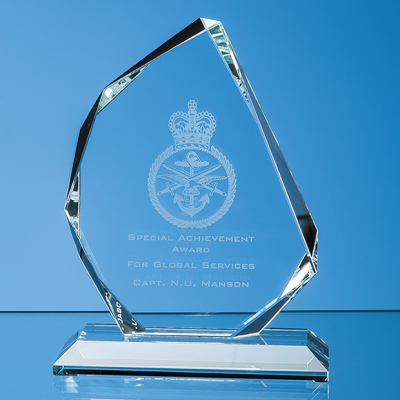 15CM x 11,5CM x 15MM CLEAR TRANSPARENT GLASS FACETTED ICE PEAK AWARD