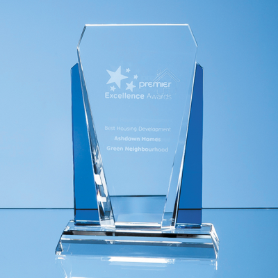 17,5CM CLEAR TRANSPARENT & SAPPHIRE BLUE OPTICAL CRYSTAL SENTINEL AWARD