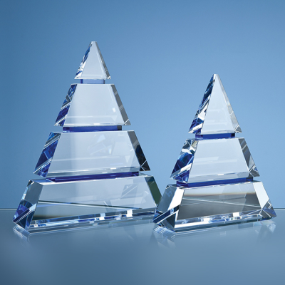 18,5CM CLEAR TRANSPARENT OPTICAL CRYSTAL LUXOR AWARD with 2 Cobalt Blue Lines