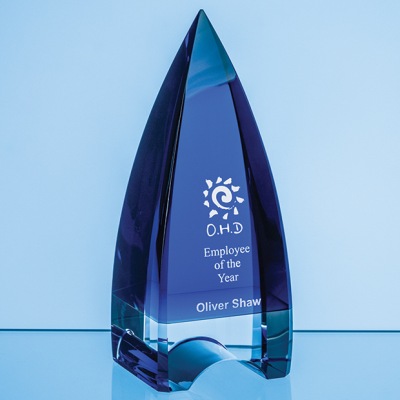 18CM COBALT BLUE & CLEAR TRANSPARENT OPTICAL CRYSTAL PINNACLE AWARD