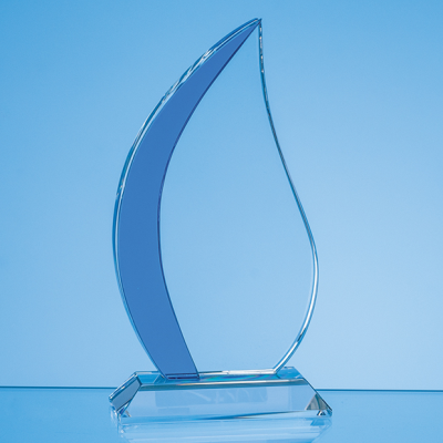 18CM OPTICAL CRYSTAL CLEAR TRANSPARENT & COBALT BLUE FLAME AWARD