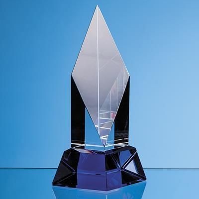 19CM CLEAR TRANSPARENT OPTICAL CRYSTAL DIAMOND MOUNTED ON a COBALT BLUE BASE