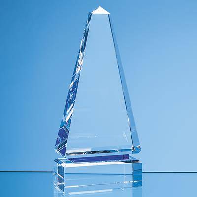 20CM CLEAR TRANSPARENT OPTICAL CRYSTAL CENOTAPH AWARD WITH a SINGLE COBALT BLUE LINE