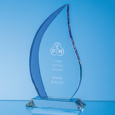 20CM OPTICAL CRYSTAL CLEAR TRANSPARENT & COBALT BLUE FLAME AWARD