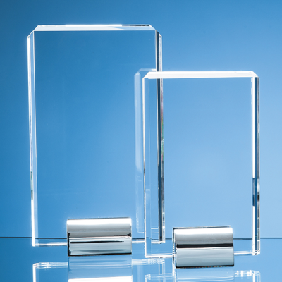 20CM OPTICAL CRYSTAL RECTANGULAR MOUNTED ON a SILVER CHROME STAND