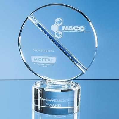 21CM OPTICAL CRYSTAL MOUNTED CIRCLE AWARD WITH a SINGLE DIAGONAL COBALT BLUE LINE