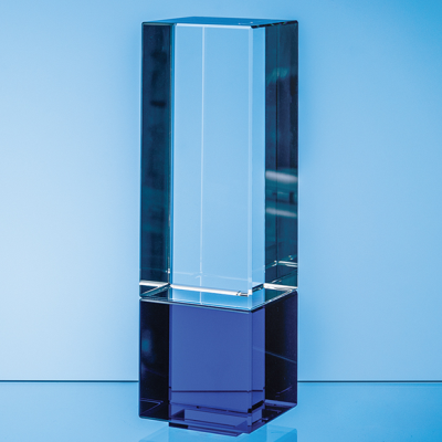 22CM CLEAR TRANSPARENT & COBALT BLUE OPTICAL CRYSTAL BERKLEY COLUMN AWARD 