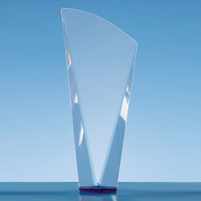 23,5CM CLEAR TRANSPARENT OPTICAL CRYSTAL FACET SHARD AWARD with a Sapphire Blue Base