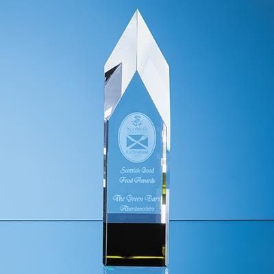 23CM CLEAR TRANSPARENT & EMERALD GREEN OPTICAL CRYSTAL POINTED MONOLITH AWARD