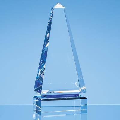 23CM CLEAR TRANSPARENT OPTICAL CRYSTAL CENOTAPH AWARD WITH a SINGLE COBALT BLUE LINE