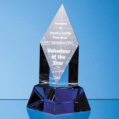 24CM CLEAR TRANSPARENT OPTICAL CRYSTAL DIAMOND MOUNTED ON a COBALT BLUE BASE