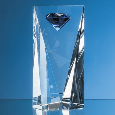 25CM OPTICAL CRYSTAL FACET RECTANGULAR WITH a MOUNTED SAPPHIRE BLUE DIAMOND