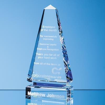 26CM CLEAR TRANSPARENT OPTICAL CRYSTAL CENOTAPH AWARD WITH a SINGLE COBALT BLUE LINE