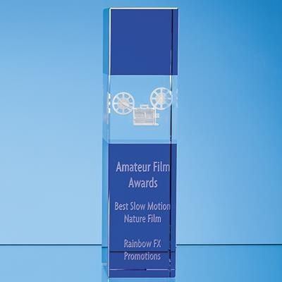 28CM CLEAR TRANSPARENT & COBALT BLUE OPTICAL CRYSTAL SQUARE COLUMN AWARD