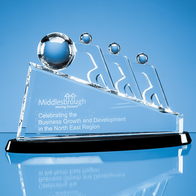 32CM OPTICAL CRYSTAL SLOPE TEAMWORK AWARD MOUNTED ON AN ONYX BLACK CRYSTAL BASE