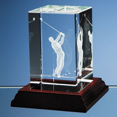 3D DRIVING GOLFER IN OPTICAL CRYSTAL CUBE BLOCK; PRESENTATION BOX: INC