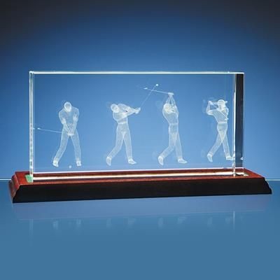 3D GOLF SCENE IN 10CM x 20CM OPTICAL CRYSTAL CUBE BLOCK; PRESENTATION BOX: INC