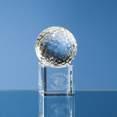 5CM OPTICAL CRYSTAL GOLF BALL ON a CLEAR TRANSPARENT CRYSTAL BASE