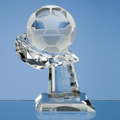 8CM OPTICAL CRYSTAL FOOTBALL ON MOUNTED HAND AWARD