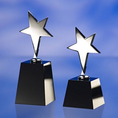 BLACK & SILVER STAR AWARD TROPHY  with Black Glass Base