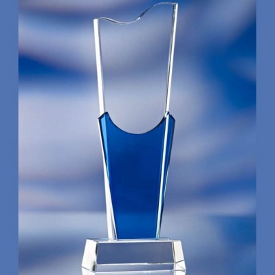 BLUE & CLEAR TRANSPARENT GLASS AWARD TROPHY