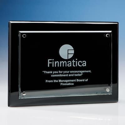 CLEAR GLASS RECTANGULAR PLAQUE MOUNTED ON A BLACK WOOD PLAQUE