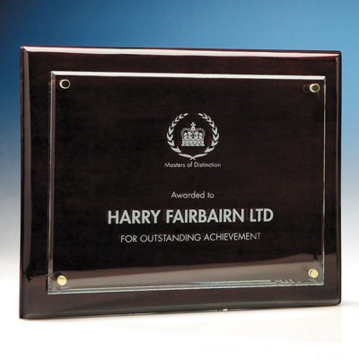 CLEAR RECTANGULAR GLASS PLAQUE MOUNTED ON A ROSEWOOD WOOD PLAQUE