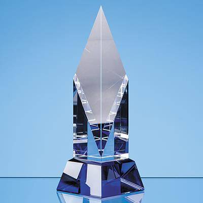 CLEAR TRANSPARENT OPTICAL CRYSTAL DIAMOND MOUNTED on a Cobalt Blue Base