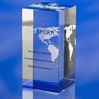 GLASS CUBE BLOCK AWARD TROPHY  with Bonded Blue Base & Sandblasting