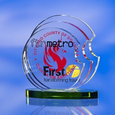 GLASS LAYERS AWARD TROPHY  with Green Glass Base & Colour Sandblasting