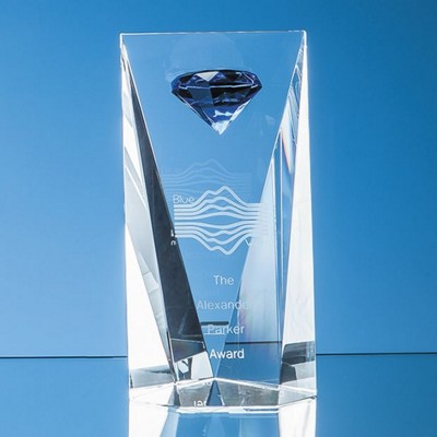 OPTICAL CRYSTAL FACET RECTANGULAR AWARD with a Mounted Sapphire Blue Diamond