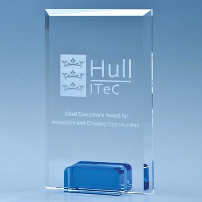 OPTICAL CRYSTAL RECTANGULAR AWARD with a Cobalt Blue Base