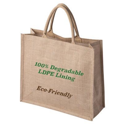 100% DEGRADABLE NATURAL TATTON JUTE SHOPPER SUSTAINABLE TOTE BAG FOR LIFE with Degradable Lining