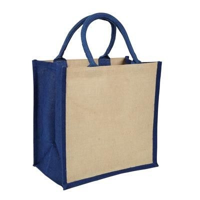 AMAZON JUTE & JUCO REUSABLE SHOPPER TOTE BAG with Navy Handles & Gusset