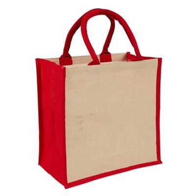 AMAZON JUTE & JUCO REUSABLE SHOPPER TOTE BAG with Red Handles & Gusset