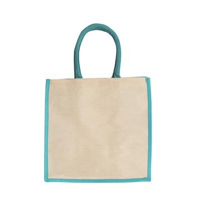 AMAZON JUTE & JUCO REUSABLE SHOPPER TOTE BAG with Teal Handles & Gusset