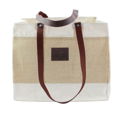 DELUXE JUTE & COTTON TOTE with Diesel Leather Long Handles & Trim