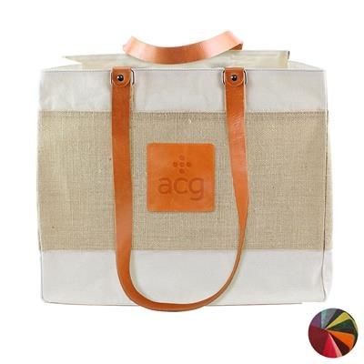 DELUXE JUTE & COTTON TOTE with Kensington Leather Long Handles & Trim