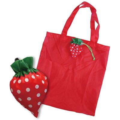 FOLDING SHOPPER TOTE BAG in Red with Strawberry Bag Holder