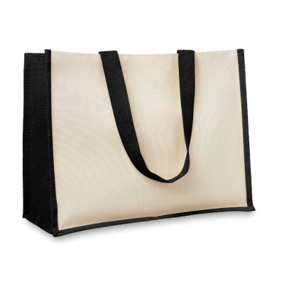 JUTE AND CANVAS SHOPPER TOTE BAG in Black