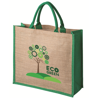 LARGE JUTE & HESSIAN BAG with 40Cm Dyed Green Cotton Padded Handles & Green Gussets