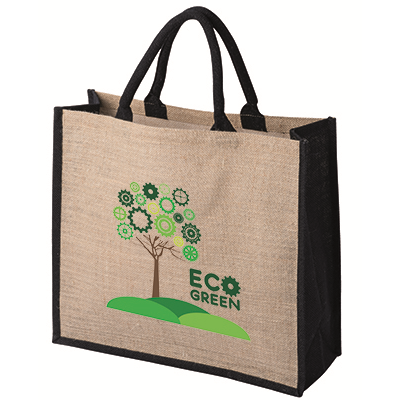 LARGE JUTE & HESSIAN SUSTAINABLE BAG with 40Cm Dyed Black Cotton Padded Handles & Black Gussets