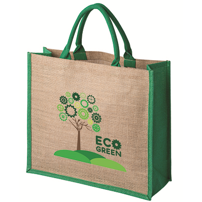 LARGE JUTE & HESSIAN SUSTAINABLE BAG with 40Cm Dyed Green Cotton Padded Handles & Green Gussets