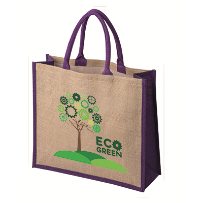 LARGE JUTE & HESSIAN SUSTAINABLE BAG with 40Cm Dyed Purple Cotton Padded Handles & Purple Gussets