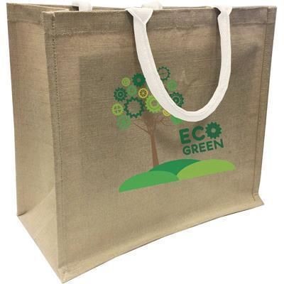 LARGE NATURAL JUTE SUSTAINABLE ECO SHOPPER TOTE BAG with White Handles