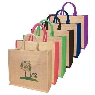 NATURAL JUTE SHOPPER SUSTAINABLE TOTE BAG with Dyed Gusset